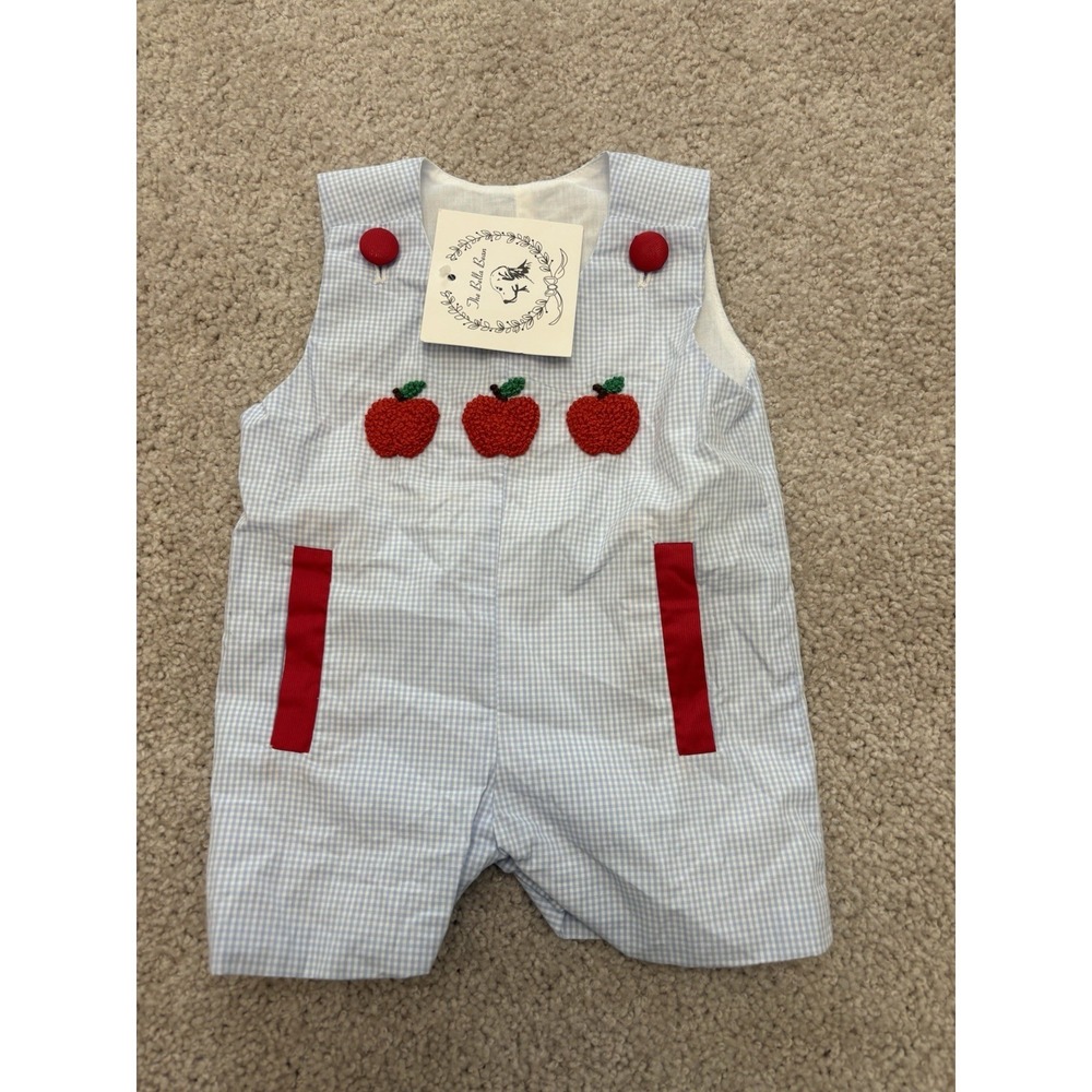 New The Bella Bean Blue Gingham Shortall Red Apple Embroidered Size 3 Months